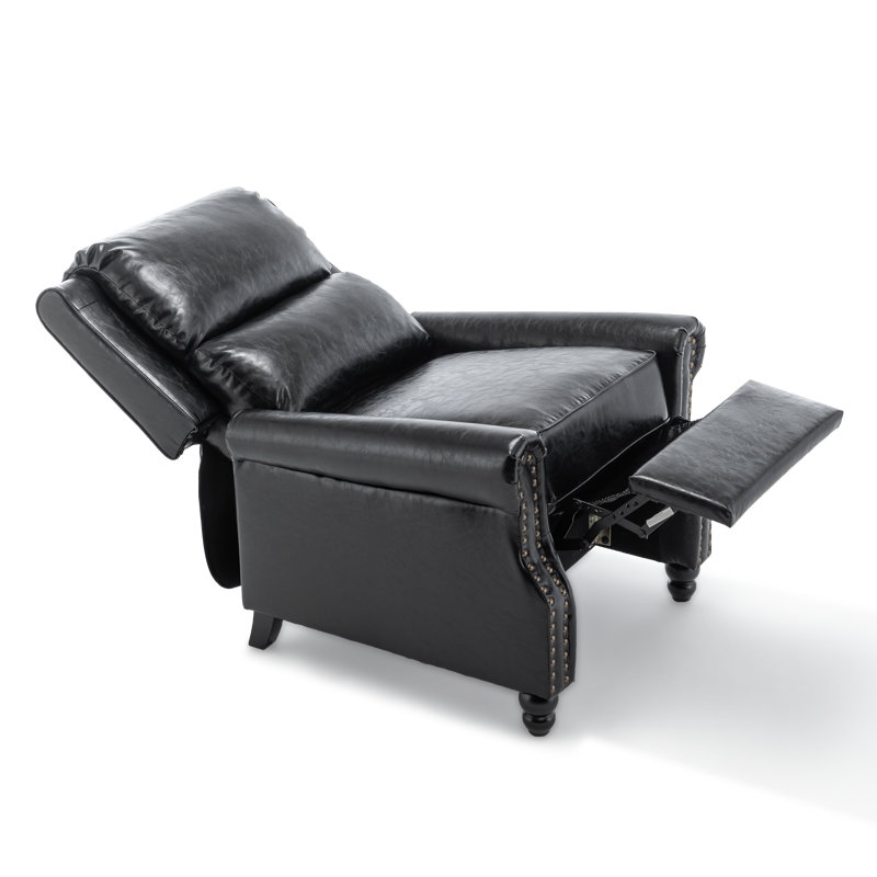 Ameiah Upholstered Balck Faux Leather Manual Push Back Recliner Chair with Wingback, Black Faux Leather