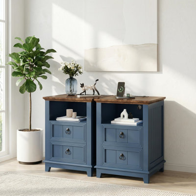 2 Pack 18" Wood Nightstand with USB Charging Station, Modern Fluted Night Stand, Two Drawer Filing Cabinet with Shelf, Bedside End Table for Bedroom L by Ebern Designs
