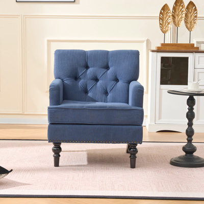 Blue Accent Chair And Club With Upholstered Buttons, Linen Fabric Corduroy For Bedroom, Mid Century Modern Studded Reading Chair, Wood Frame Excellent Rubber Legs, High Density Foam, Rolled Arms,
