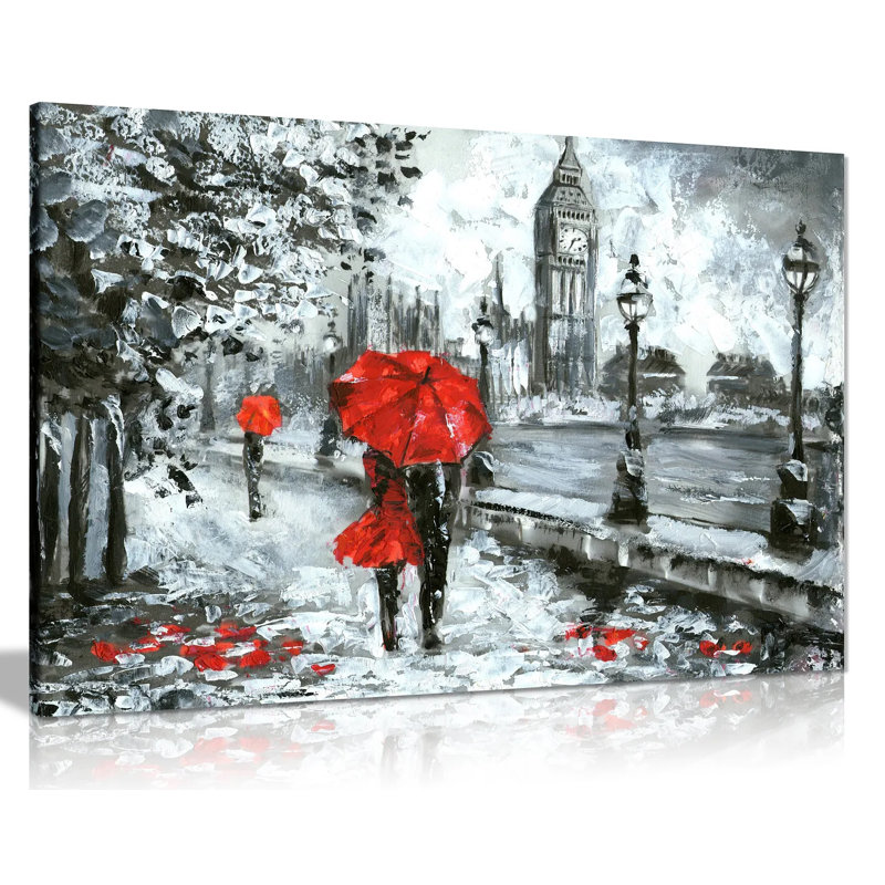 Street View Of London Artwork Black White And Red Big Ben - Wrapped Canvas Painting, 20cm H x 31cm W