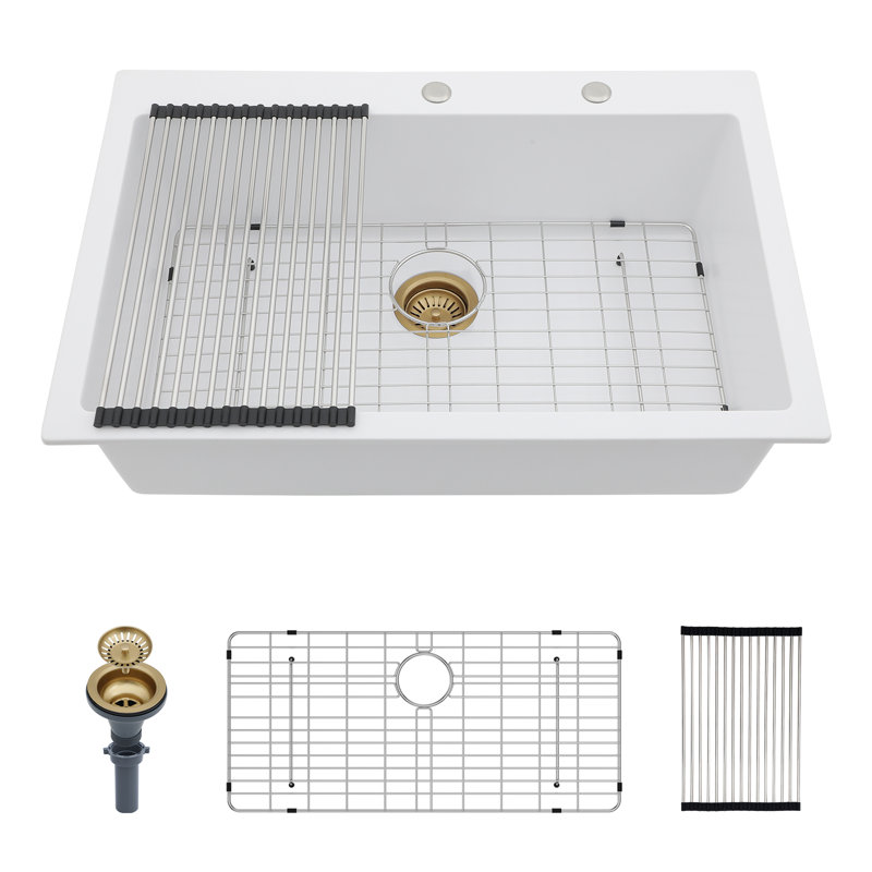 Évier de cuisine en granite 33 po x l 22 po à cuve simple en quartz composite avec grille d'évier, Blanc