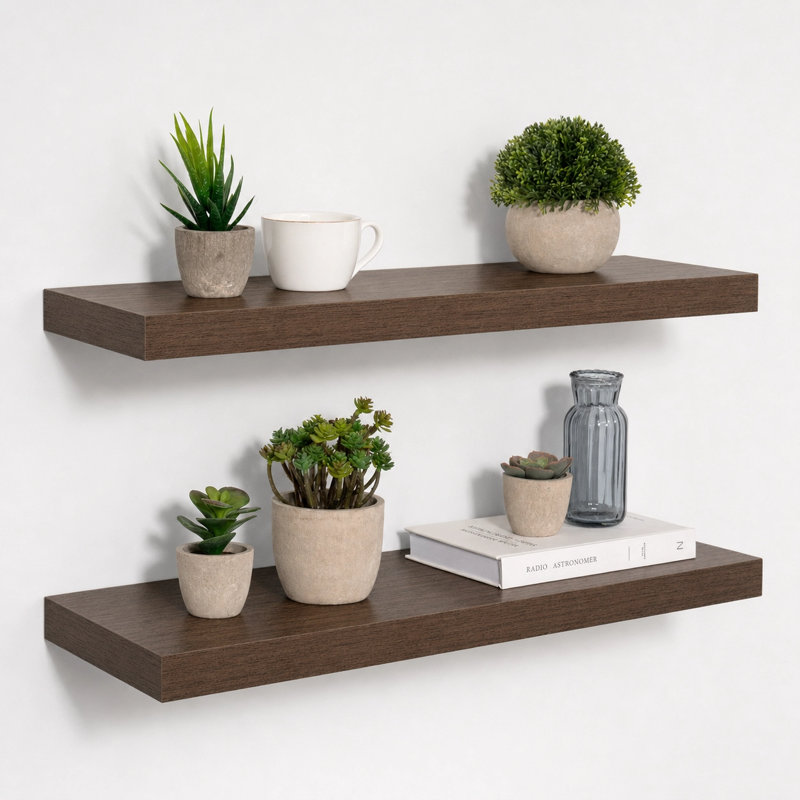 Ensemble de 2 tablettes murales flottantes de 9,3 po de profondeur à fixation murale, H 1,5 po x l 24 po x P 9,3 po, Noyer