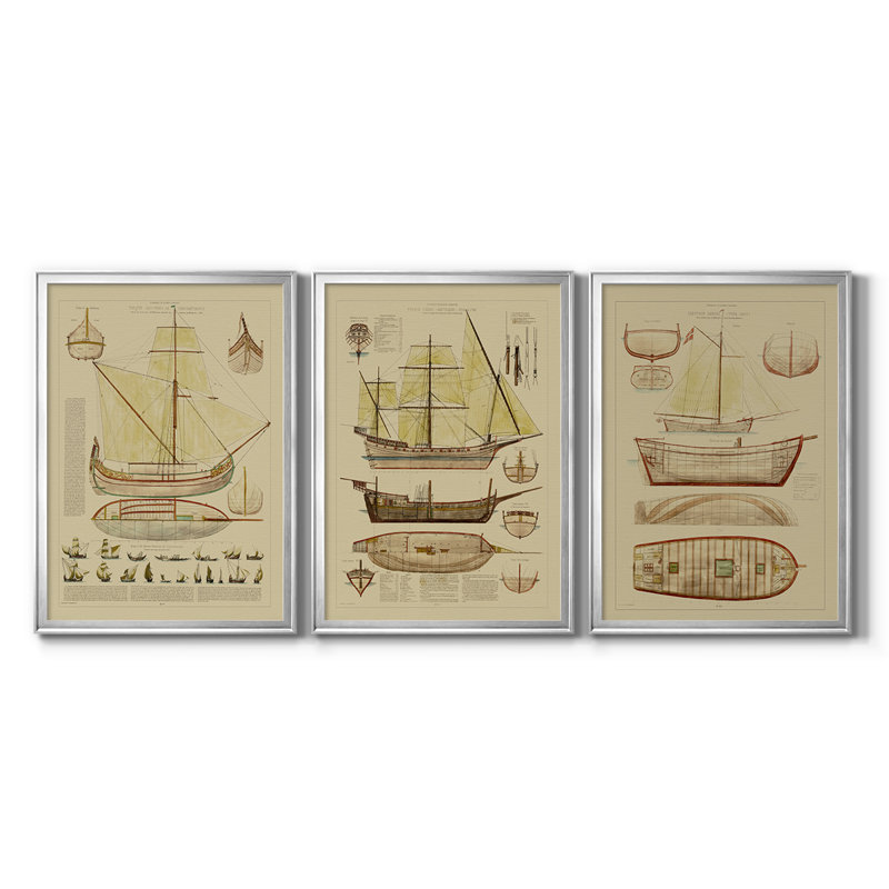 Antique Ship Plan I - Toile tendue avec châssis sur mesure - 3 pièces, Argent argent, H 19 po x l 27 po
