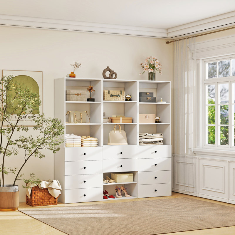 Système d'organisation modulaire blanc avec 11 tablettes et 10 tiroirs
