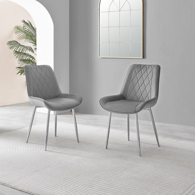 Palermo Velvet Modern Dining Chairs with Tapered Metal Legs & Quilted Diamond Stitching, Grey, Silver