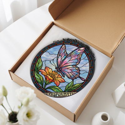7.8"H Butterfly Flower Stained Glass Window Panel