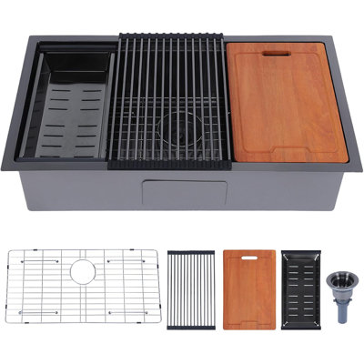Évier de cuisine simple 33 po x 18 po en acier inoxydable noir mat