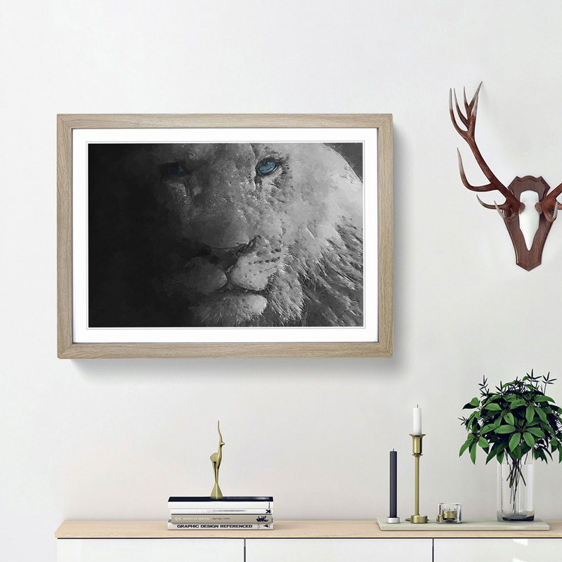 Teal Blue Eyes of a Lion in Abstract - Framed Print, Oak Framed, 62cm H x 87cm W x 2cm D