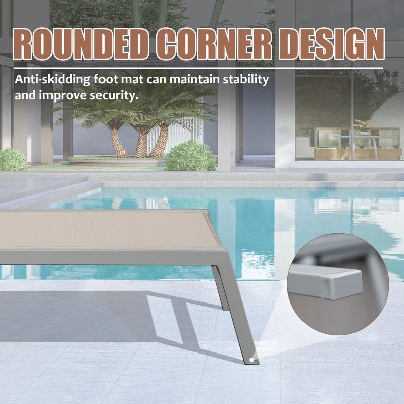 Patio Chaise Lounge Of 3: Aluminum Pool Chairs With Side Table For Outdoor Use. Adjustable Recliner In Khaki. Superior Comfort, 5 Positions, . Frame, Material. All Weather Poolside, Beach, Yard,