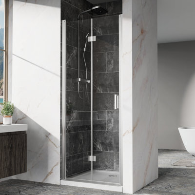 30 à 31 po X P H 72 po Porte de douche pivotante pliante avec verre trempé transparent de 1/4 po (6 mm), quincaillerie de finition, installation réversible pour petite salle de bain, facile à nettoyer et excellente imperméable