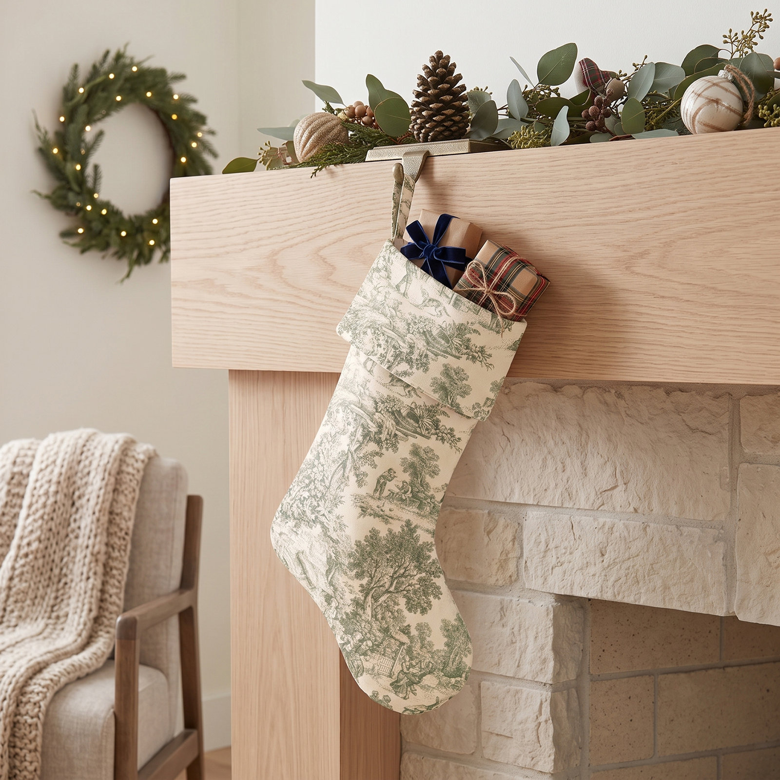 Toile Christmas Stocking, Green