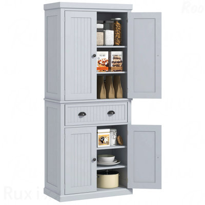 Armoire de rangement autoportante 72 po - 4 portes, 3 tablettes réglables, grand tiroir central et lambris