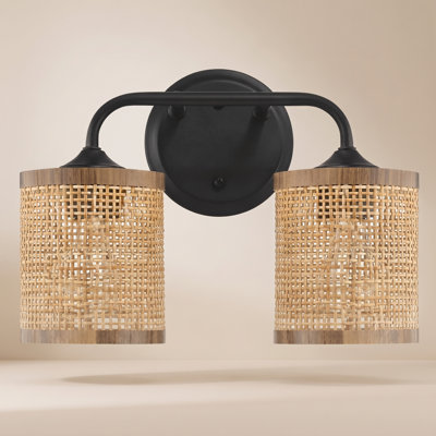 Meuble-lavabo double avec abat-jour en rotin naturel