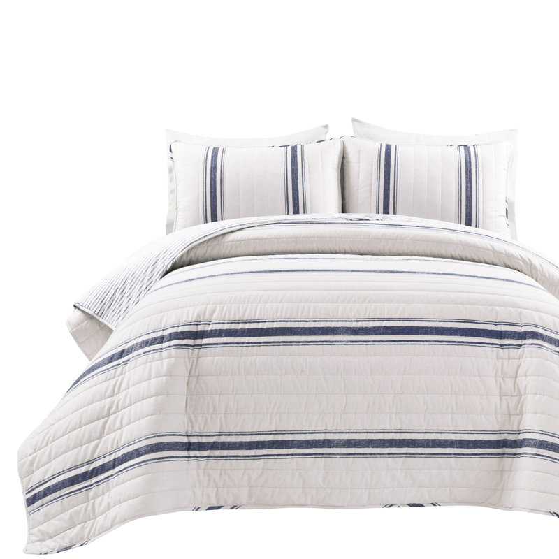 Gilroy Farmhouse / Country Cotton Striped Quilt, King + 2 Shams, Navy