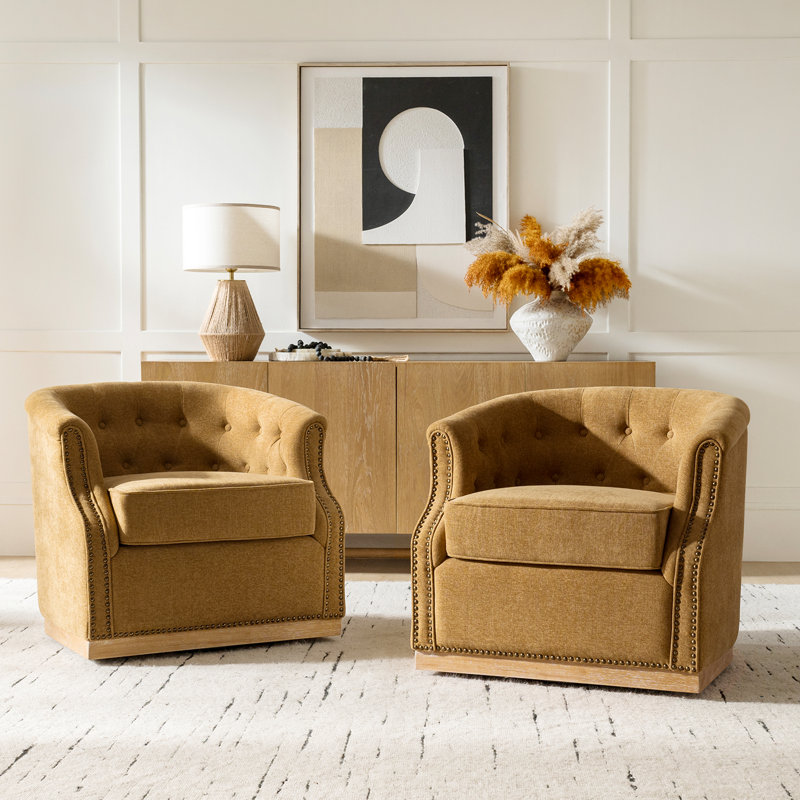Nixmary Legend 31"W Farmhouse Upholstered Tufted Barrel Swivel Arm Chair with Fully Assembled, Mustard