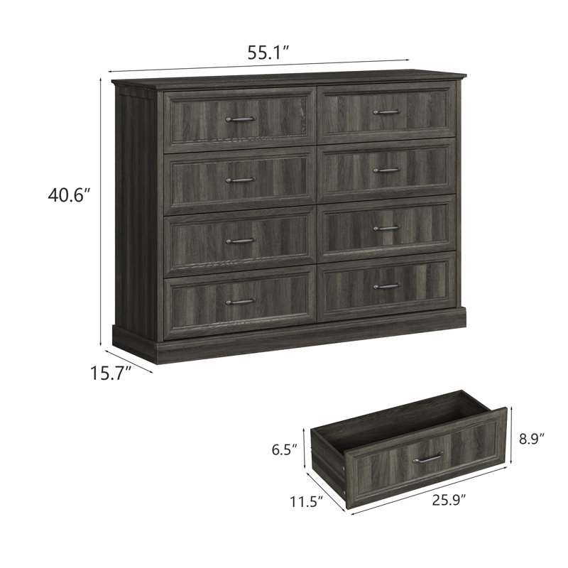 Hava 55" W 8-drawer Dresser,Bedroom Dresser,Rustic Wood TV Stand of Drawers for Living Room, Gray