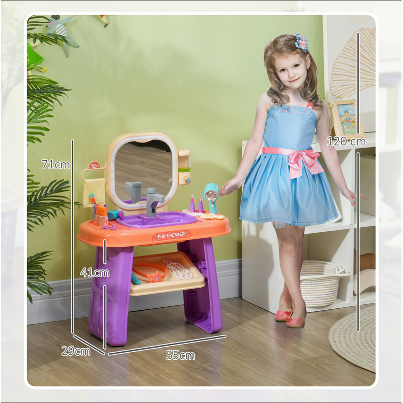 Qaba Kids Vanity Set, Toddler Makeup Table With Faucet, Mirror, LED Light, Music, 23 Accessories, Pretend Play Set For Girls 3-6 Years