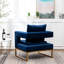 Fauteuil bleu luxueux - revêtu de velours fin, de structure métallique, carré, avec accoudoirs confortables pour une détente