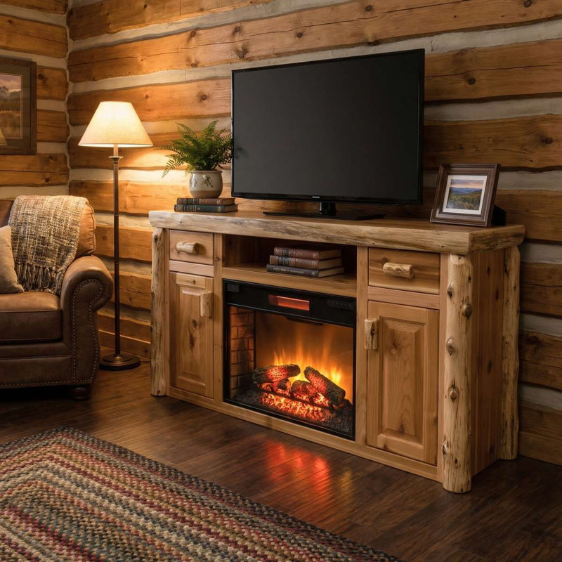 Fireside Lodge Cedar Log Entertainment Centre with Fireplace - Natural