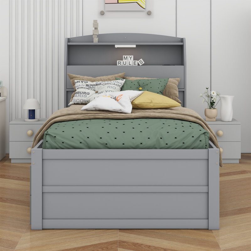 Lit plateforme en bois avec lit gigogne, tête de lit et tiroirs à DEL, Lit simple, Gris