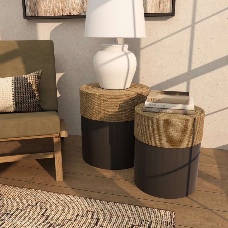 Black Wood Handmade Side End Accent Table with Brown Wrapped Seagrass Tabletops, Set of 2