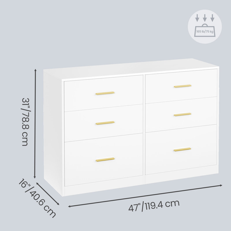 Armoire de rangement l 47 po avec 6 tiroirs Holsworthy, commode moderne pour la chambre à coucher ou le salon, Blanc