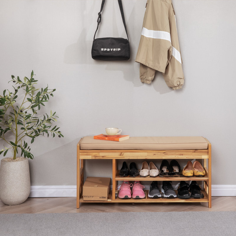 Banc de rangement pour chaussures en bois massif avec coussin, Clair naturel