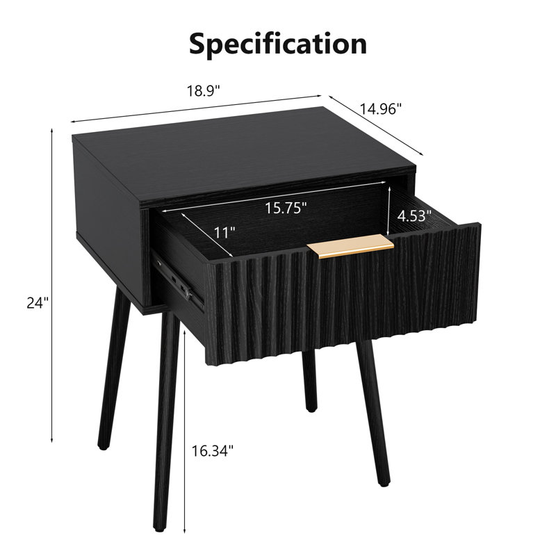 Table de chevet 18,9 po à relief noir, panneau de particules et panneau de fibres à densité moyenne, mélamine et fabrication sous vide, 1 tiroir, pieds hauts (2 pièces)