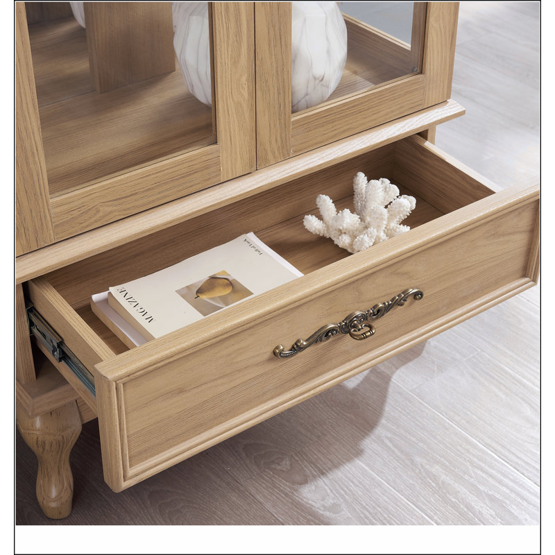 Lighted Curio Cabinet - Elegant Glass Display Cabinet with Adjustable Shelves, 2 Doors, and 1 Drawer - Wine Storage Sideboard with Included Bulb