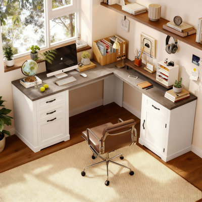59.8"W Farmhouse L Shaped Executive Desk With Drawers, Home Office Corner Desk With Charging Station by Winston Porter