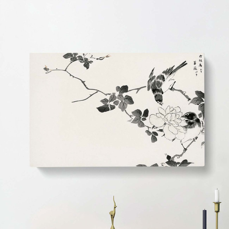 Robin Birds & White Lotus by Numata Kashu - Wrapped Canvas Painting, 40cm H x 60cm W x 3cm D