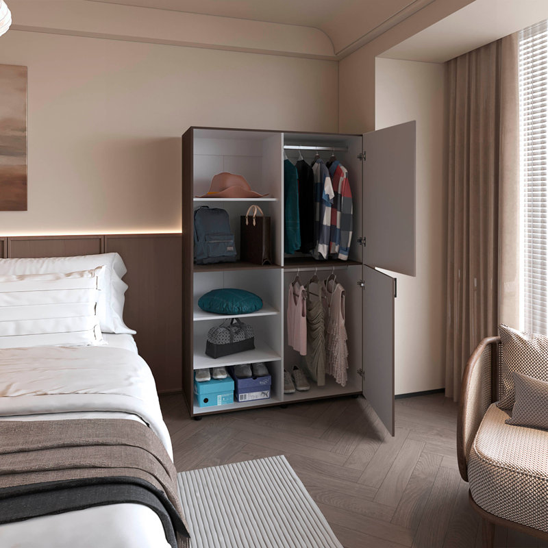 Armoire Ollie avec portes et étagères ouvertes, meuble de rangement pour chambre à coucher, Blanc / noyer gris