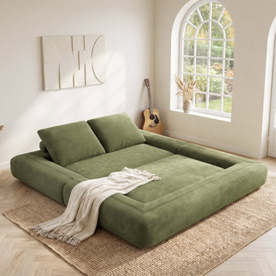 Corduroy Foldable Sofa Bed, 3-in-1 Convertible Floor Loveseat with High-Density Foam, No Assembly Compression Couch for Living Room & Guest Room, Olive Green