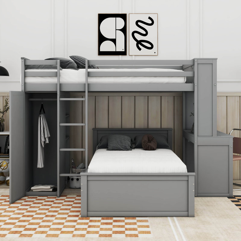 Kids Twin Loft Bed with Drawers, Gray