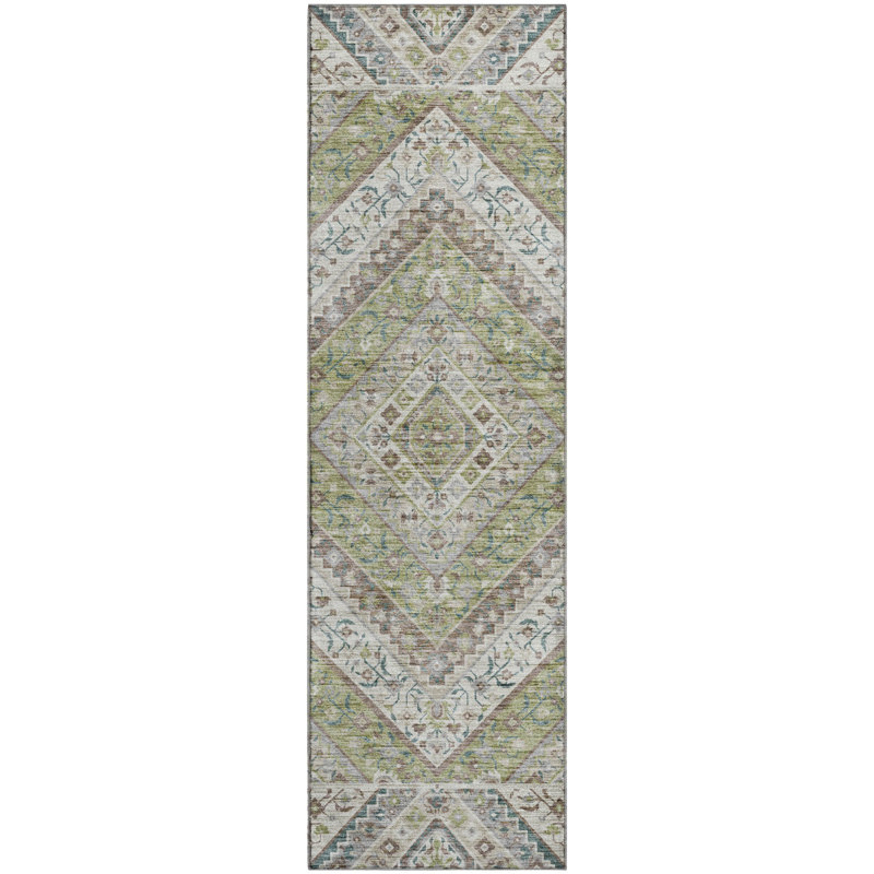 Premium Machine Washable Mayfield AMF2195 geometric Rug, 2'3" x 7'6" Runner, Aloe