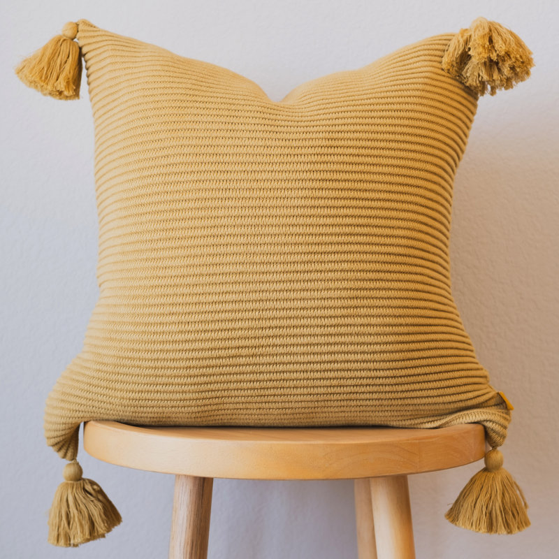 Taie d'oreiller tricotée avec frange 100% coton Housse de coussin carré, 20 po x 20 po, Orange brûlé