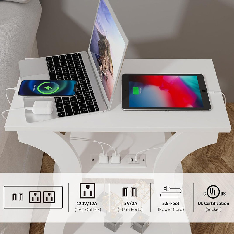 White Engineered Wood End Table with USB Charging Station