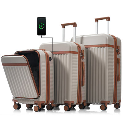 Ensemble de 3 valises de 20 pouces avec port USB, bagage à main à conception avant certifiée, bagage rigide en ABS avec roues pivotantes, kaki