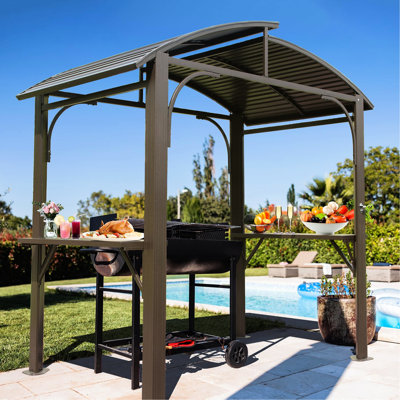 Outdoor Grill Gazebo 8x5ft Arc Roof Style - Double Galvanized Steel Roof, 2 Side Shelves, For Garden Patio Backyard, Brown Canopy Bbq Tent