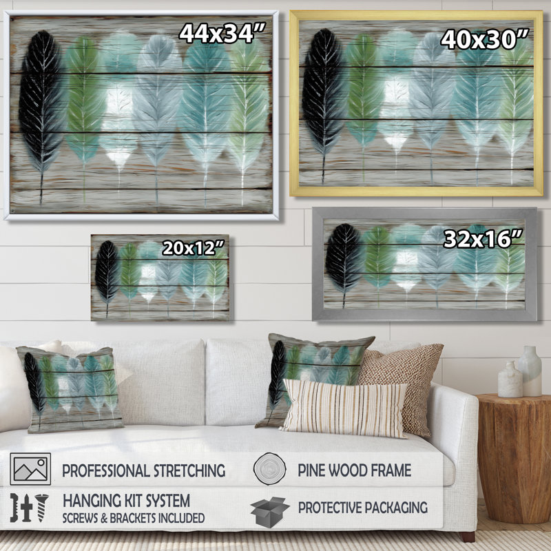 «Boho Wood Texture Feather», reproduction d'art sur toile, Boho, H 30 po x l 40 po, Toile tendue, Ne s’applique pas