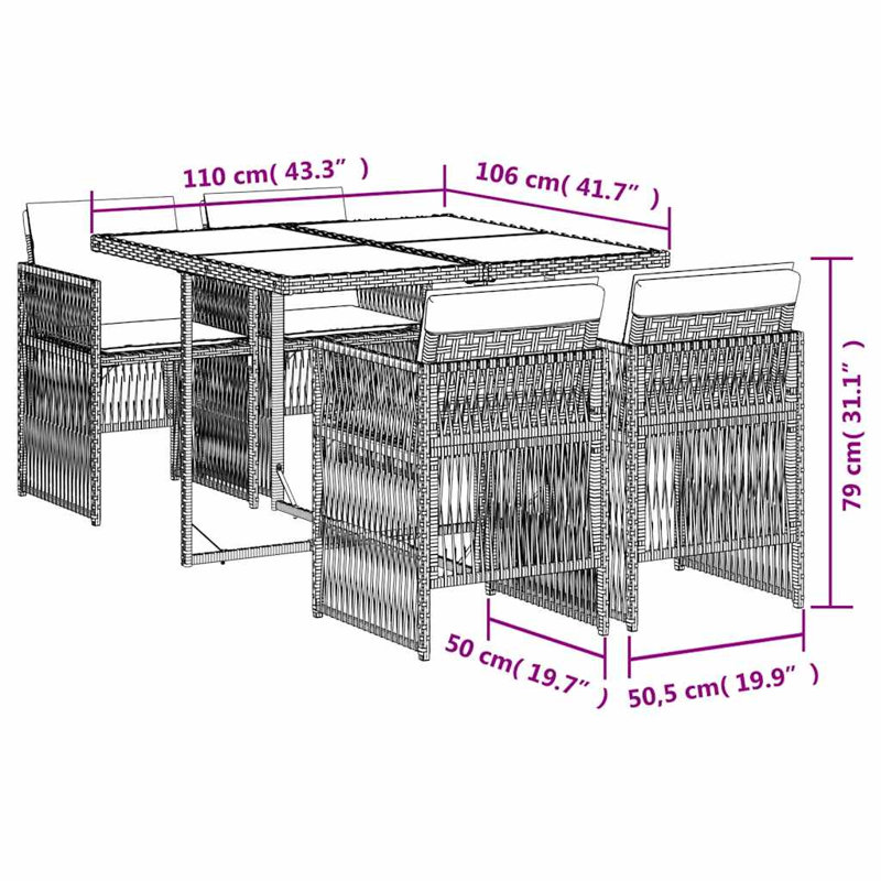 Patio Dining Set with, Grey; Black, 5, 73 cm H x 110 cm W x 106 cm D, Black, 4