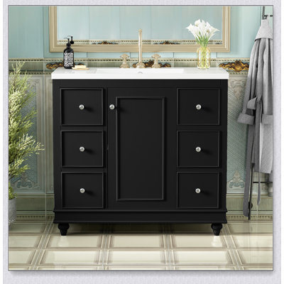 Meuble-lavabo contemporain noir - 36 po x 18 po x 34 po, 4 tiroirs et 1 porte d'armoire, rangement polyvalent, lavabo intégré en résine, tablettes réglables, structure en bois massif avec panneau de fibres à densité moyenne