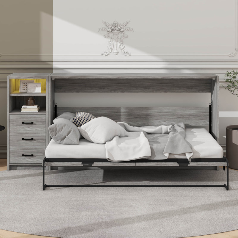 Murphy Bed Equipped With Built-In Drawers And LED Lighting System, Twin