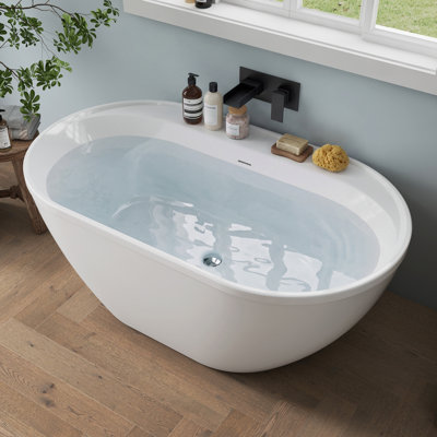 60'' Freestanding Acrylic Tub Corner Deep Soaking Bathtub with Side Storage Ledge