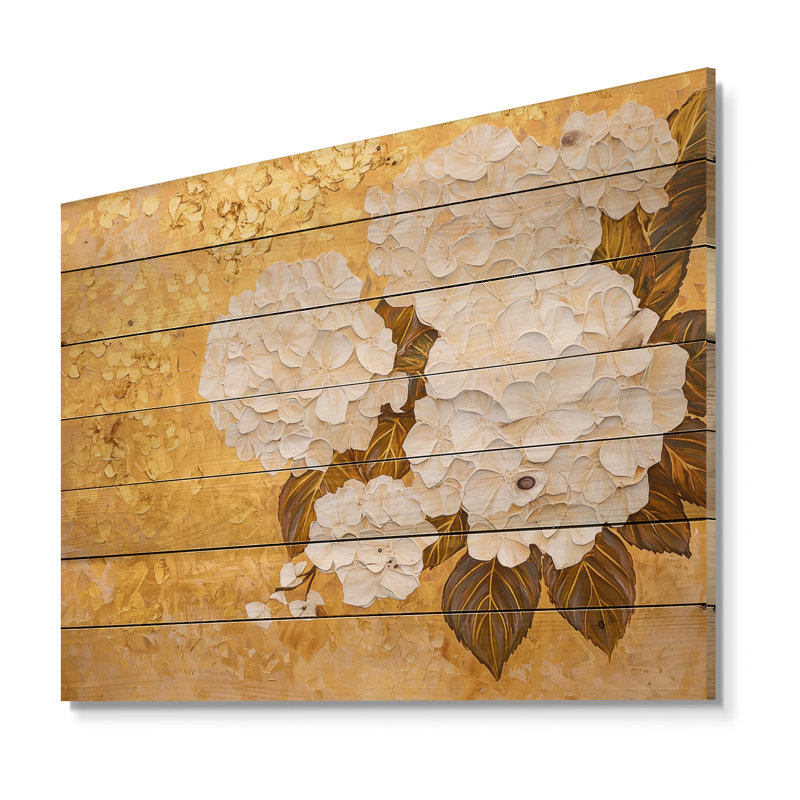 Harmonie d'hortensias dorés II - décoration murale en bois d'hortensias sur bois de pin naturel