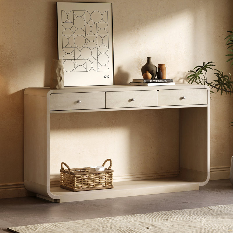 Console de style antique, 3 tiroirs de rangement, tablette de présentation, pieds courbés, finition peinte, entrée / couloir / salon, naturel