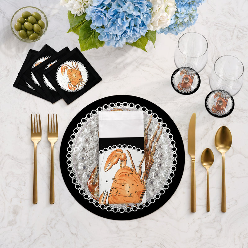 Zodiac Cancer White Vegan Leather Round Coasters, Black