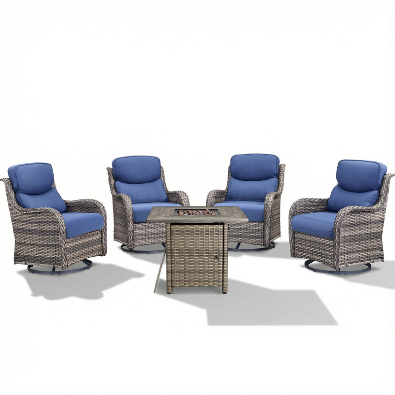 Ensemble de conversation pivotant en osier pour 4 personnes avec table carrée Anner, Bleu, Gris