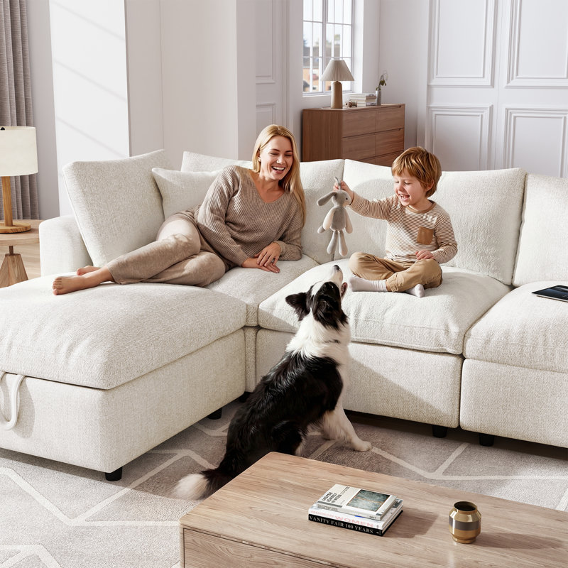 Canapé modulaire en L 110,5 po en L chenille avec repose-pieds, ports USB-C et porte-gobelets, Beige