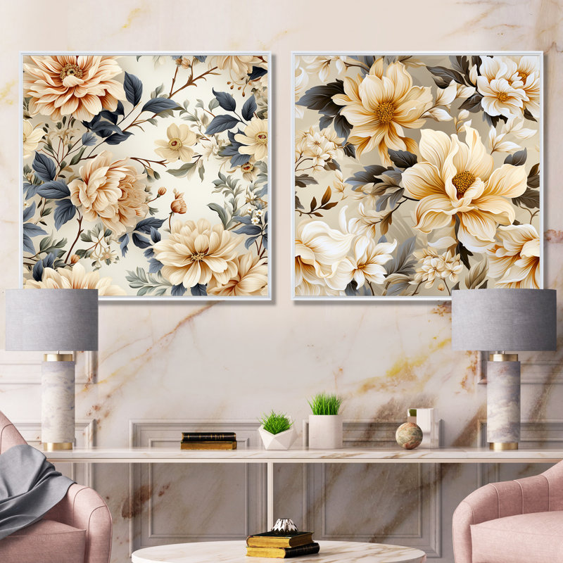 Attleboro - ensemble de 2 reproductions d'art sur toile florales, Encadrement blanc, H 30 po x l 61 po x P 1 po